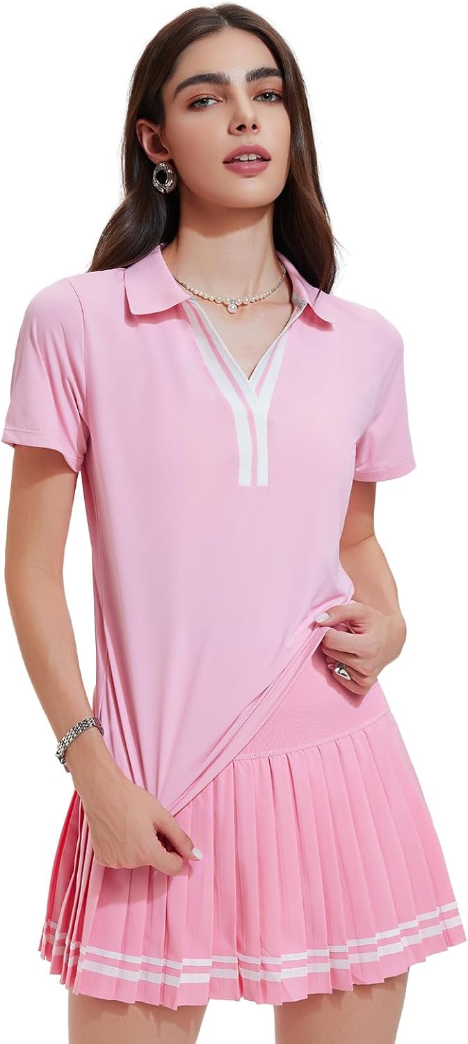 Women's 2 Piece Tennis Skirt Set - Pleated Golf Outfit with Polo V-Neck and Pockets