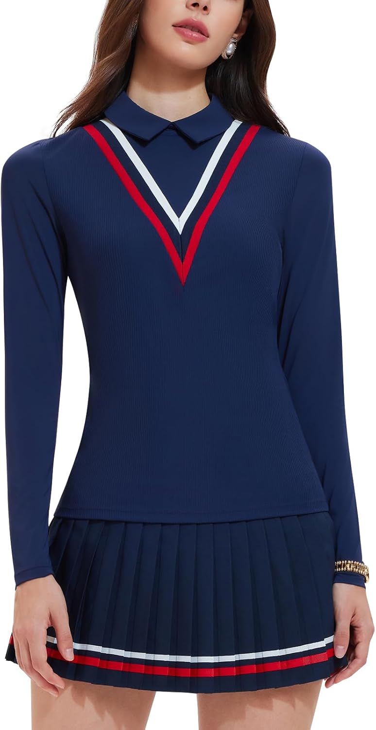 Women's 2 Piece Tennis Skirt Set - Long Sleeve Preppy Polo Top & Pleated Skorts Athletic Outfit