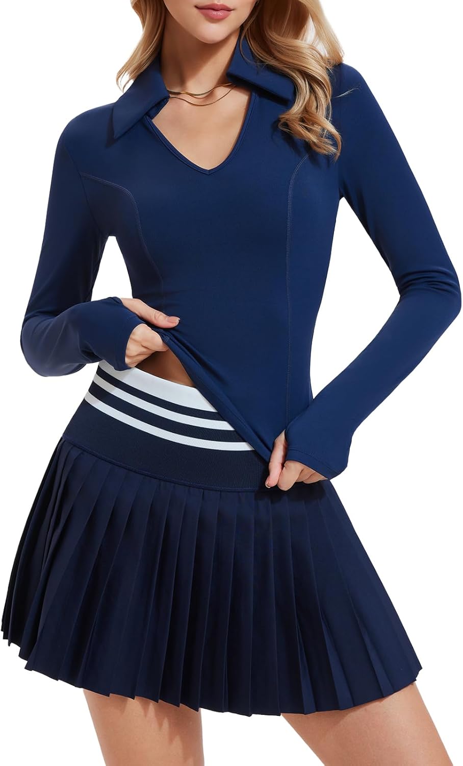 Two Piece Tennis Skirt Set for Women Racerback Color Block High Waisted Pleated Golf Outfits