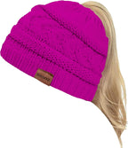 2 Pack Ponytail Beanie for Women, Winter Warm Soft Stretch Cable Knit Messy High Bun Hat
