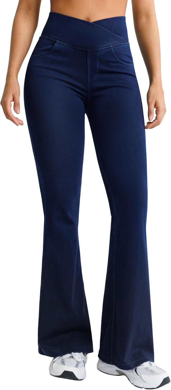 Women's 29" & 31" Flare Jeggings with 4 Pockets - Crossover Tummy Control Bell Bottom Jeans