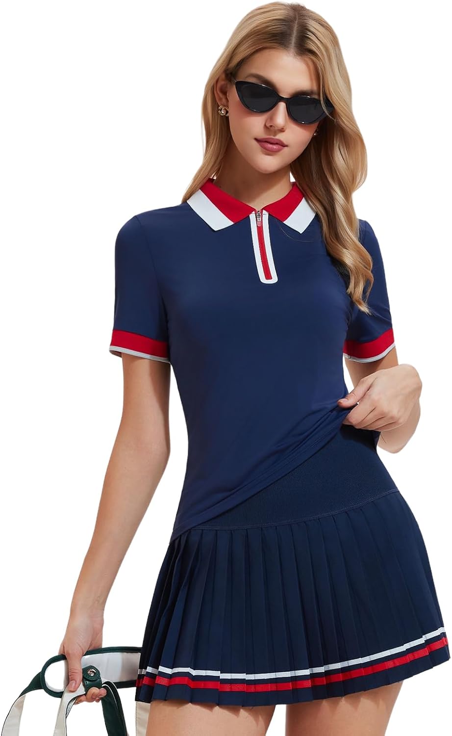 Women's 2-Piece Tennis Skirt Set, Polo V-Neck Top & High-Waisted Pleated Skirt Athletic Outfit