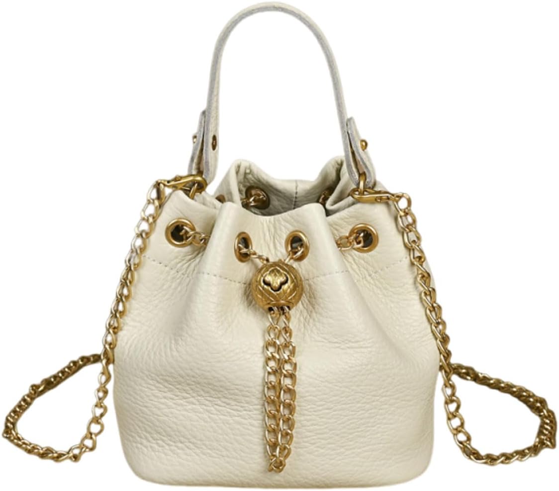 Genuine Leather Bucket Bag with Gold-Tone Chain Strap and Quilted Detail