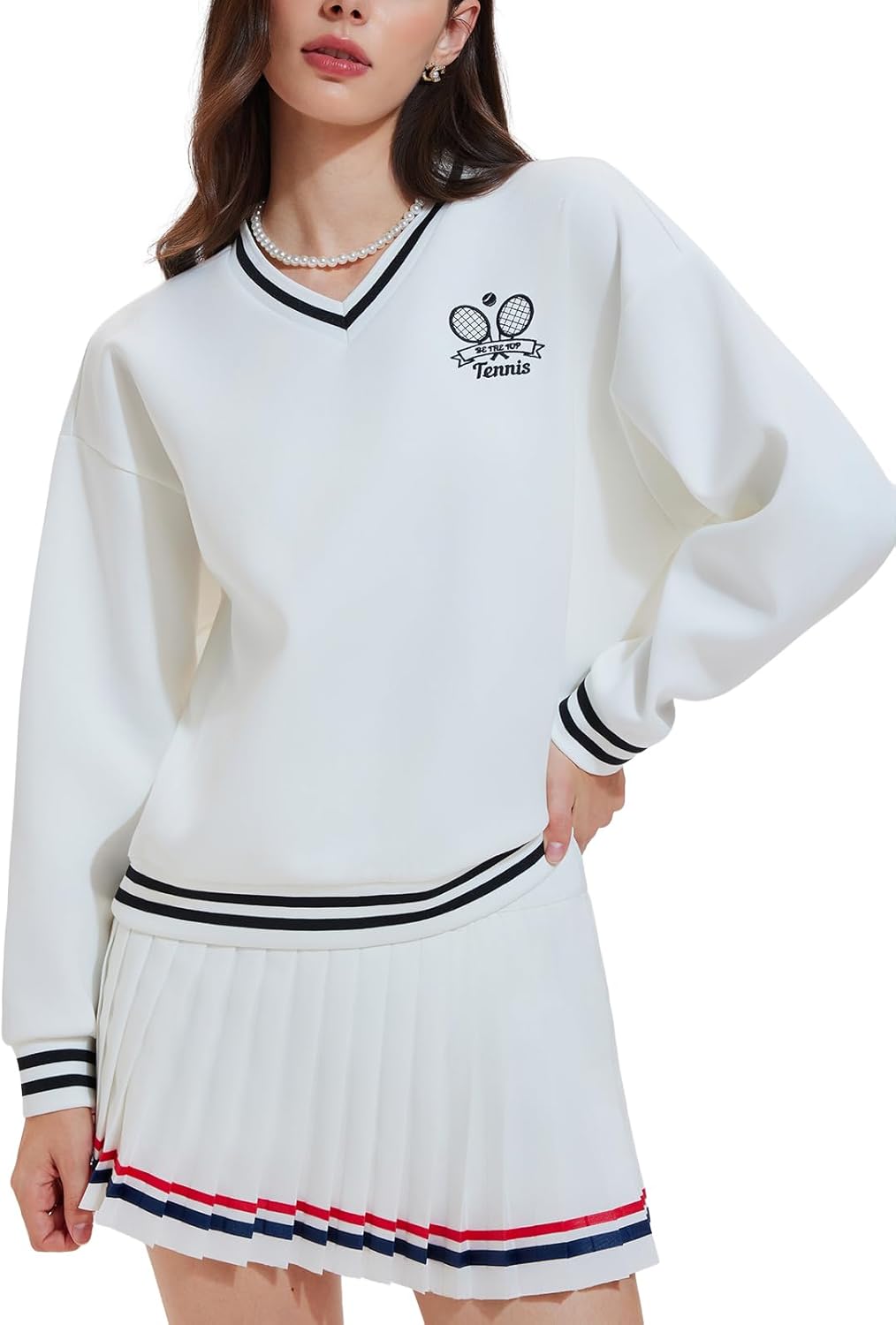 Women's Long Sleeve Tennis Skirt Set - 2 Piece Golf Outfit with V-Neck Sweater & Skort