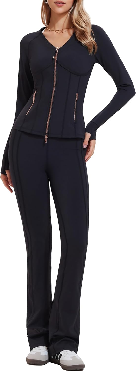 Mudere Womens 2 Piece Workout Set with Zip Up Long Sleeve Jacket High Waisted Flare Leggings Yoga Outfits