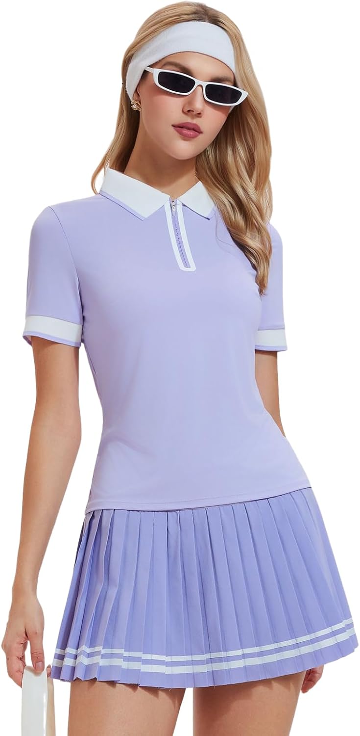 Women's 2-Piece Tennis Skirt Set, Polo V-Neck Top & High-Waisted Pleated Skirt Athletic Outfit