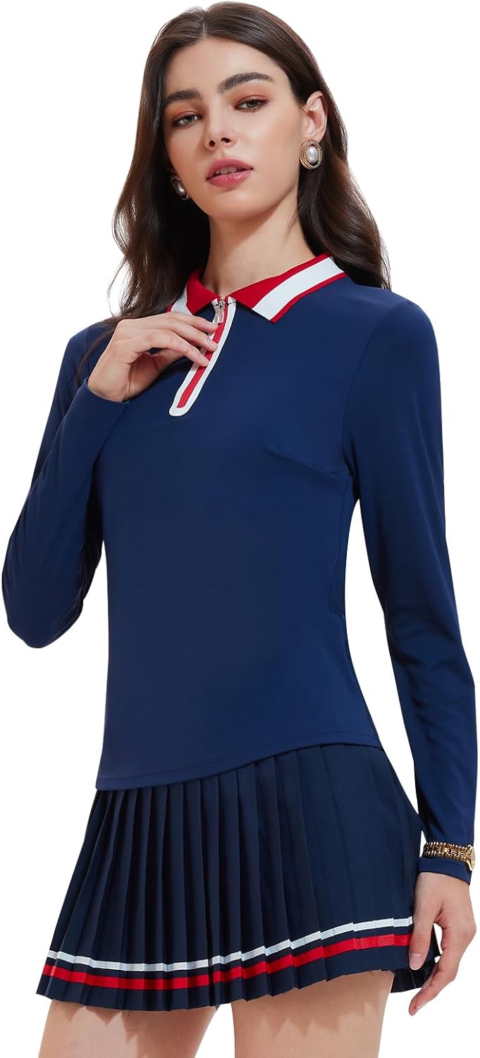Women's 2-Piece Tennis Skirt Set, Polo V-Neck Top & High-Waisted Pleated Skirt Athletic Outfit