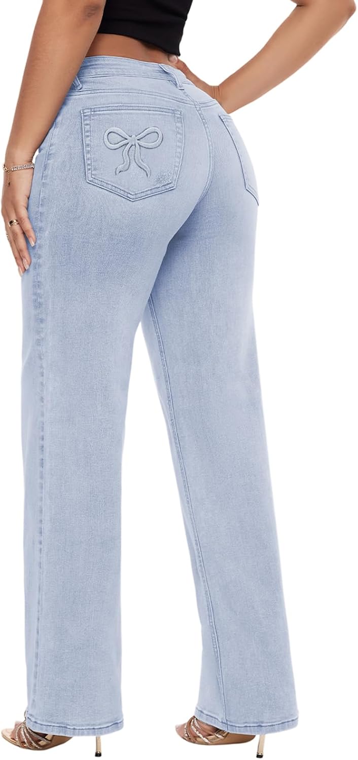 Mid-Low Rise Baggy Jeans Wide Leg for Women Distressed Stretchy Denim Pants