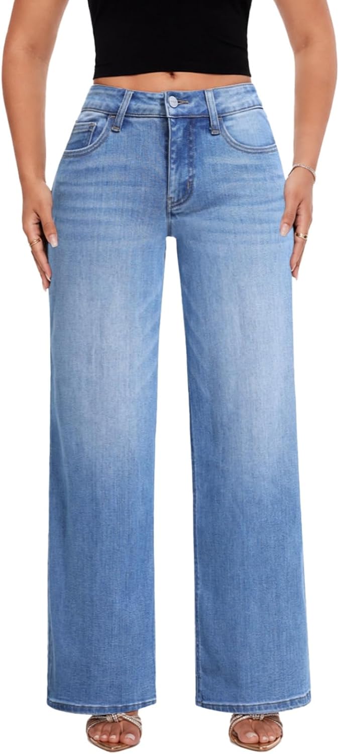 Mid-Low Rise Baggy Jeans Wide Leg for Women Distressed Stretchy Denim Pants
