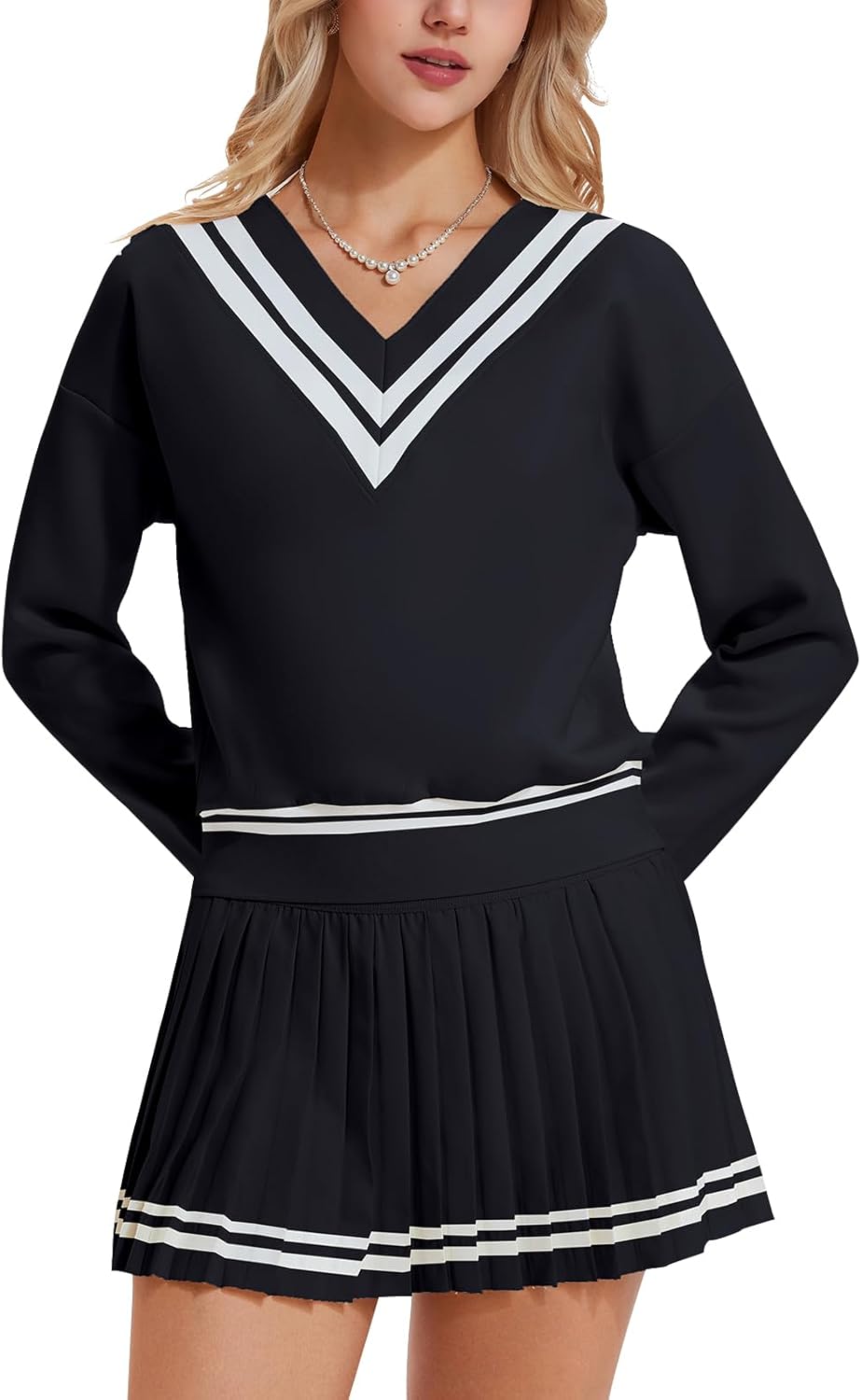 Women's 2 Piece Tennis Skirt Set, V-Neck Long Sleeve Sweatshirt & High Waisted Pleated Skirt