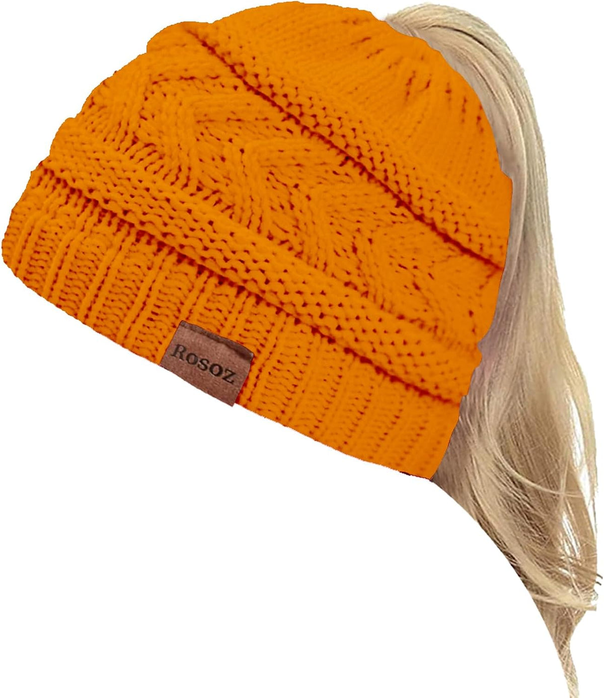 2 Pack Ponytail Beanie for Women, Winter Warm Soft Stretch Cable Knit Messy High Bun Hat