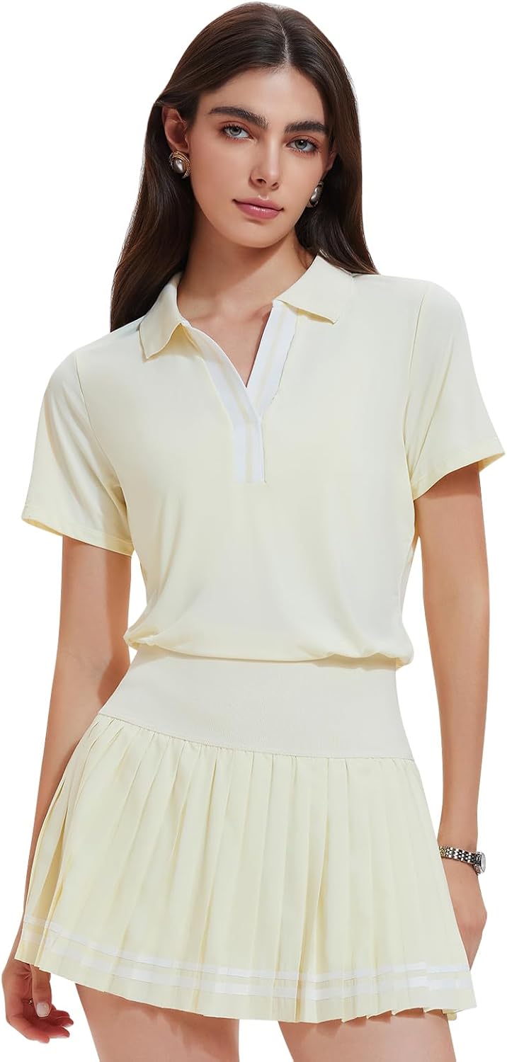 Women's 2 Piece Pleated Tennis Skirt Set - V-Neck Polo Athletic Outfit with Pockets