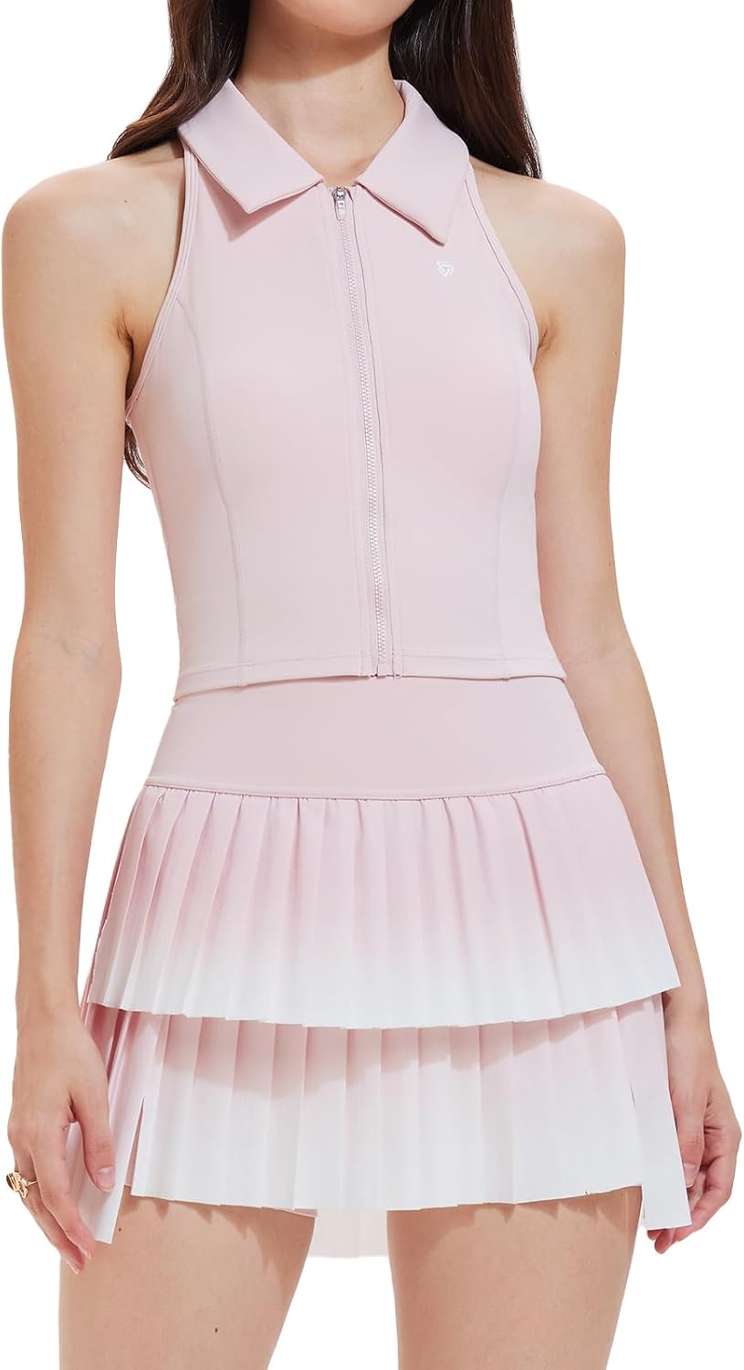 Tennis Skirt Set for Women Two Piece Golf Pickleball Outfits Double Ruffle Pleated Athletic Skirts Sets with Pockets
