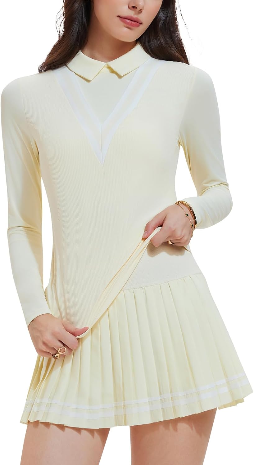 Women's 2 Piece Tennis Skirt Set - Long Sleeve Preppy Polo Top & Pleated Skorts Athletic Outfit