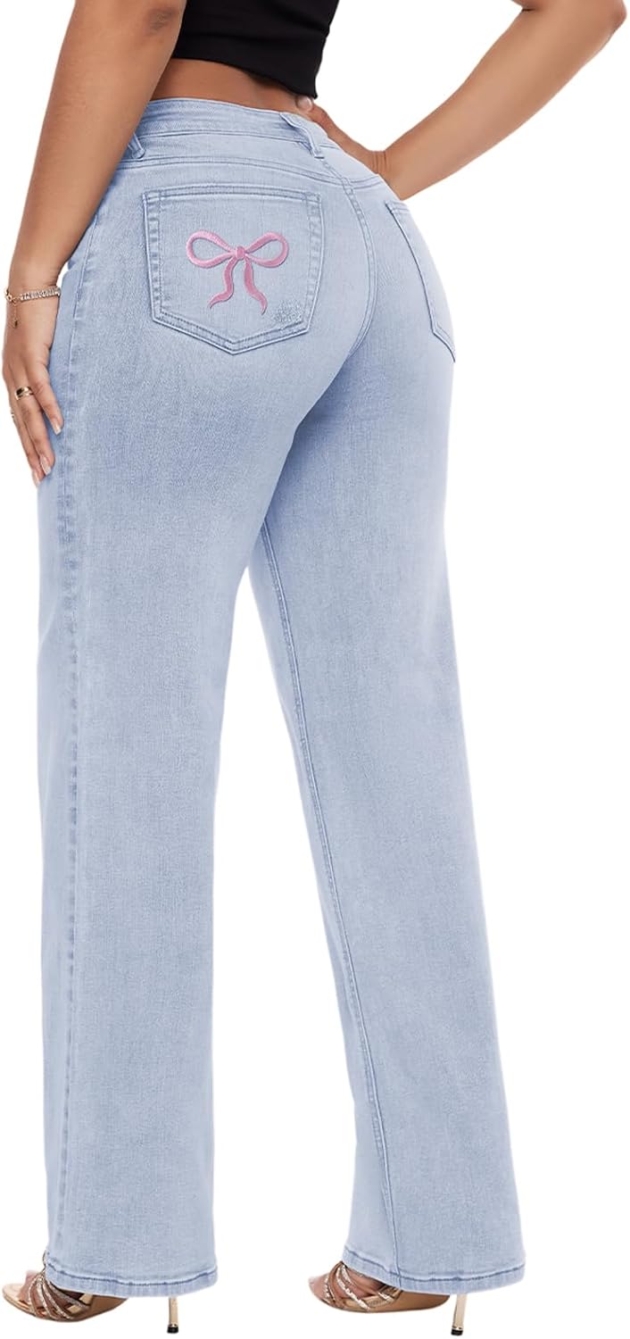 Mid-Low Rise Baggy Jeans Wide Leg for Women Distressed Stretchy Denim Pants