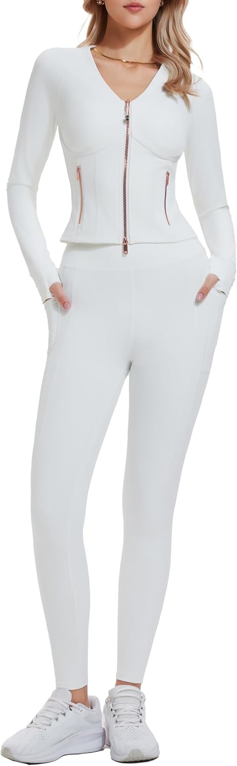 Mudere Women 2 Piece Workout Sets Long Sleeve Zip Up Jacket High Waisted Gym Leggings Yoga Outfit