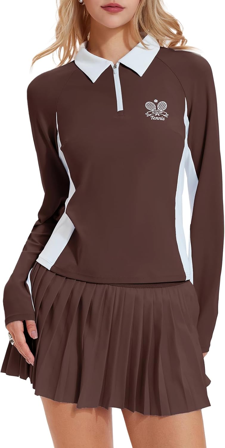 Airfree Women's Golf and Tennis Shirts Half-Zip Color Block Longsleeve Polo Shirts Collared Tops with Tennis Skirt Set