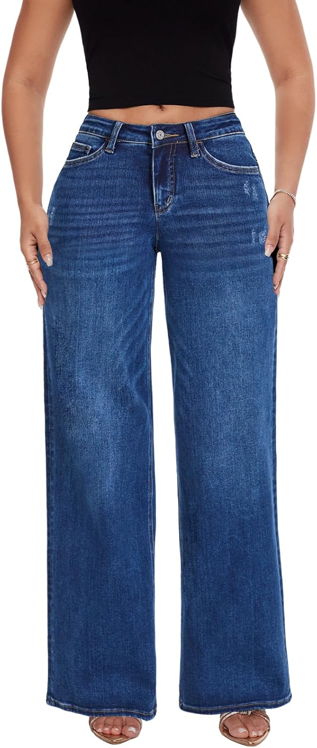 Mid-Low Rise Baggy Jeans Wide Leg for Women Distressed Stretchy Denim Pants