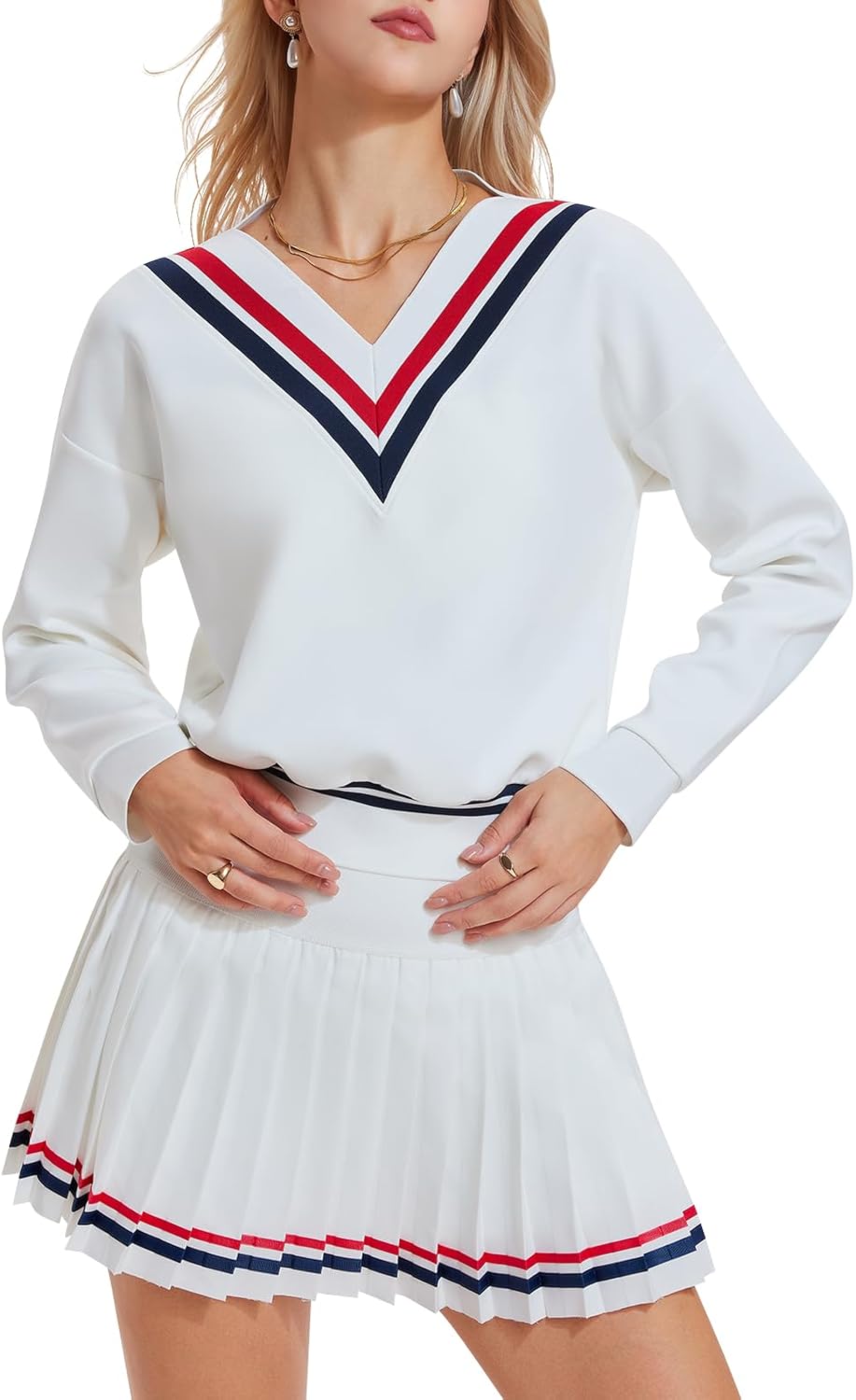 Women's 2 Piece Tennis Skirt Set, V-Neck Long Sleeve Sweatshirt & High Waisted Pleated Skirt