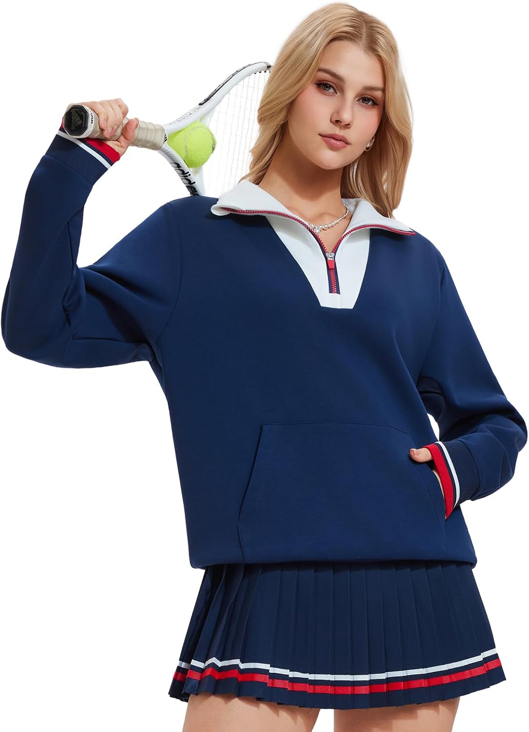 Women's 2 Piece Tennis Skirt Set - Long Sleeve Half Zip Warm Pickleball Outfits with Pockets