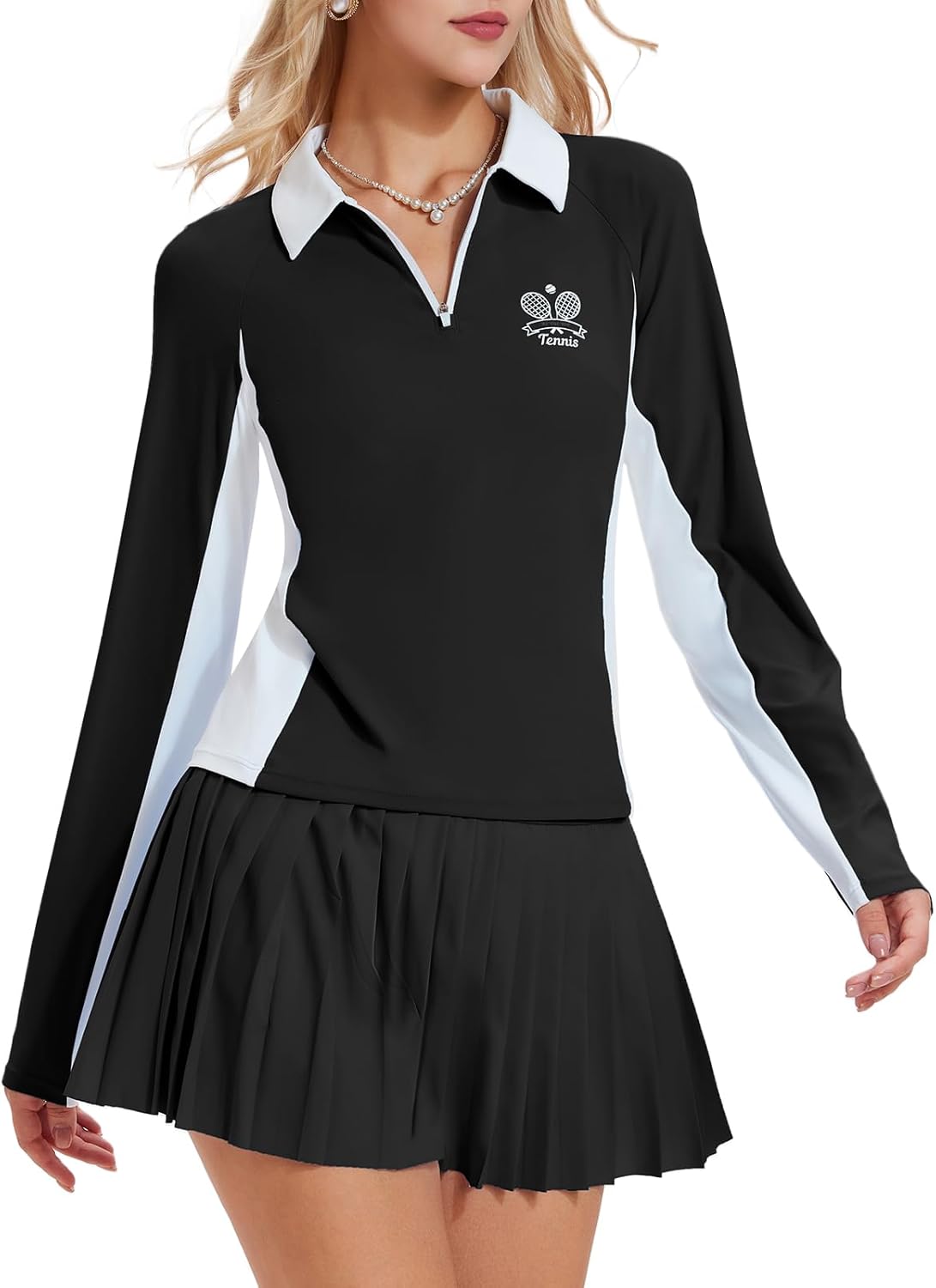 Airfree Women's Golf and Tennis Shirts Half-Zip Color Block Longsleeve Polo Shirts Collared Tops with Tennis Skirt Set