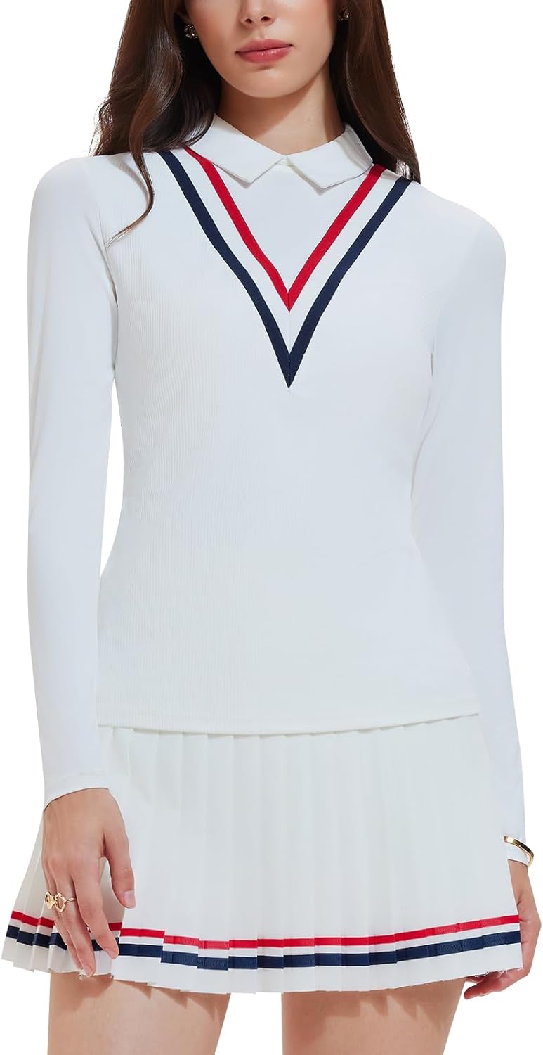 Women's 2 Piece Tennis Skirt Set - Long Sleeve Preppy Polo Top & Pleated Skorts Athletic Outfit