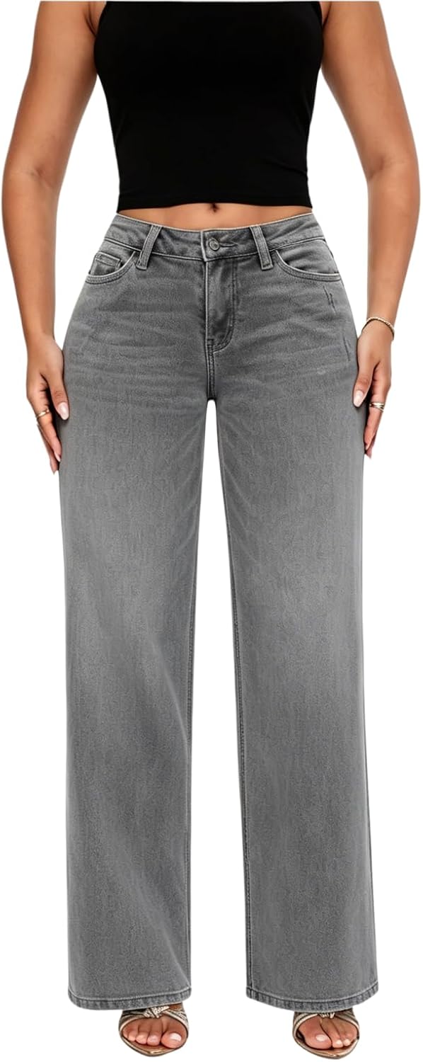 Mid-Low Rise Baggy Jeans Wide Leg for Women Distressed Stretchy Denim Pants