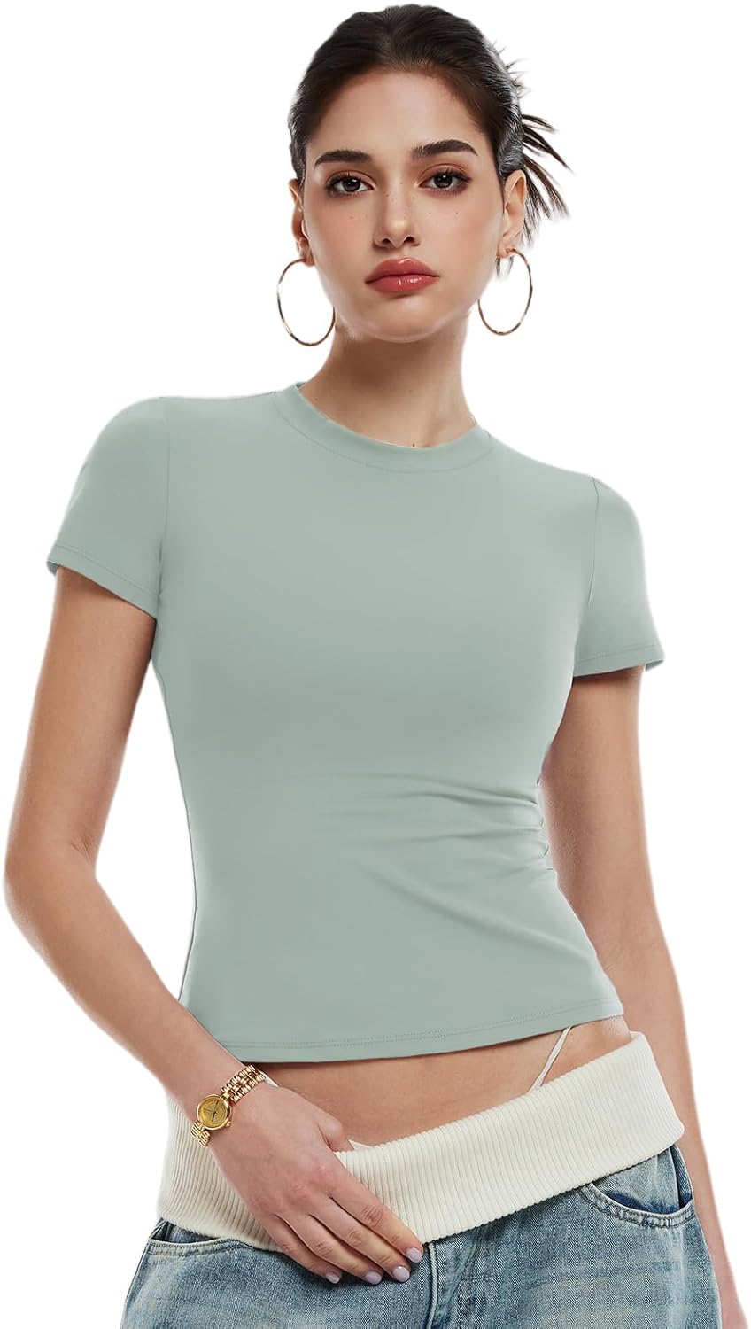 Women's Short Sleeve Compression Workout Top - Slim Fit Non See Through Y2K Tee