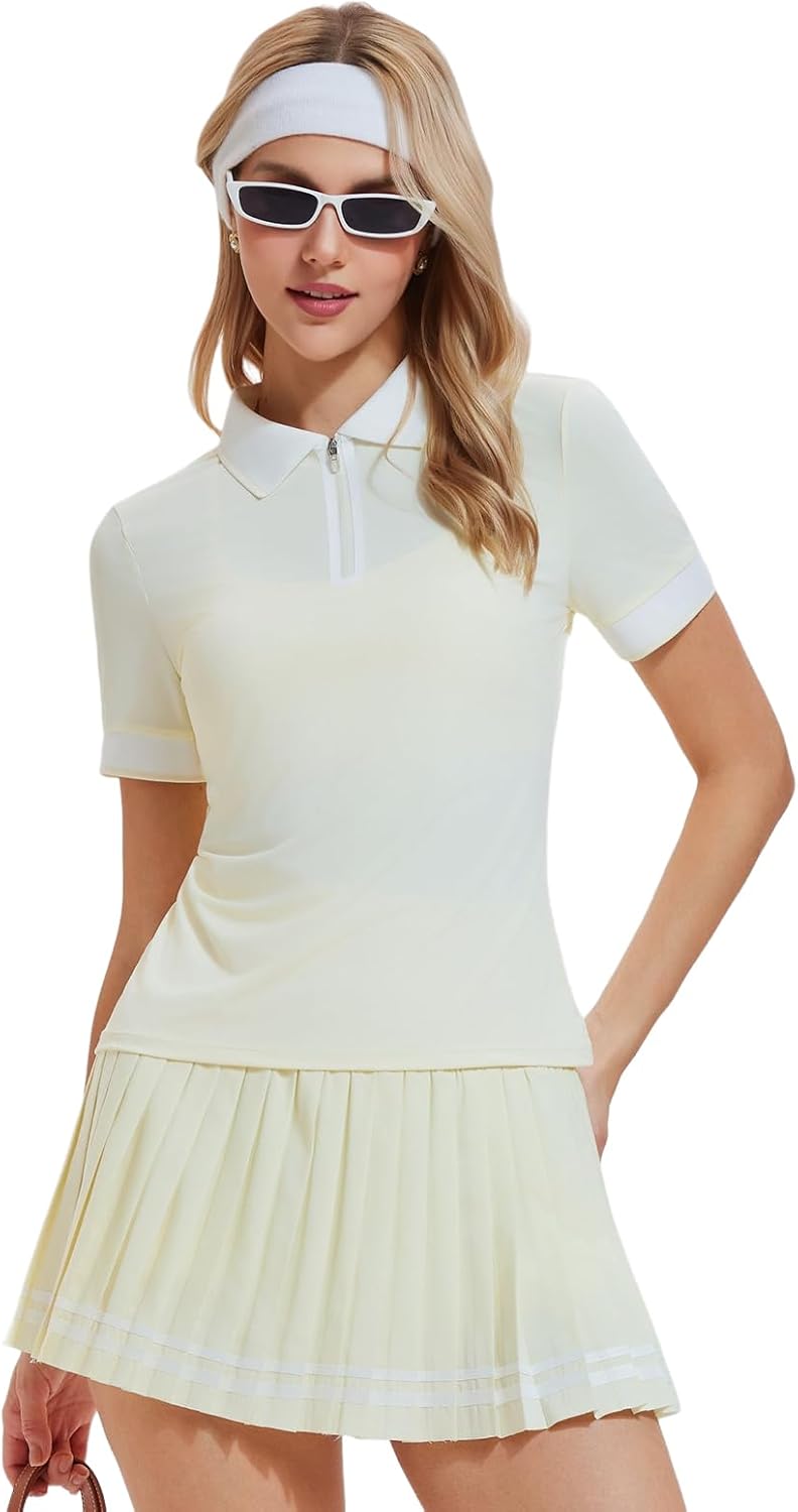 Women's 2-Piece Tennis Skirt Set, Polo V-Neck Top & High-Waisted Pleated Skirt Athletic Outfit