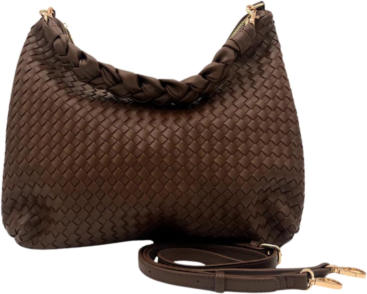 Woven Vegan Leather Shoulder Bag with Removable Adjustable Crossbody Strap