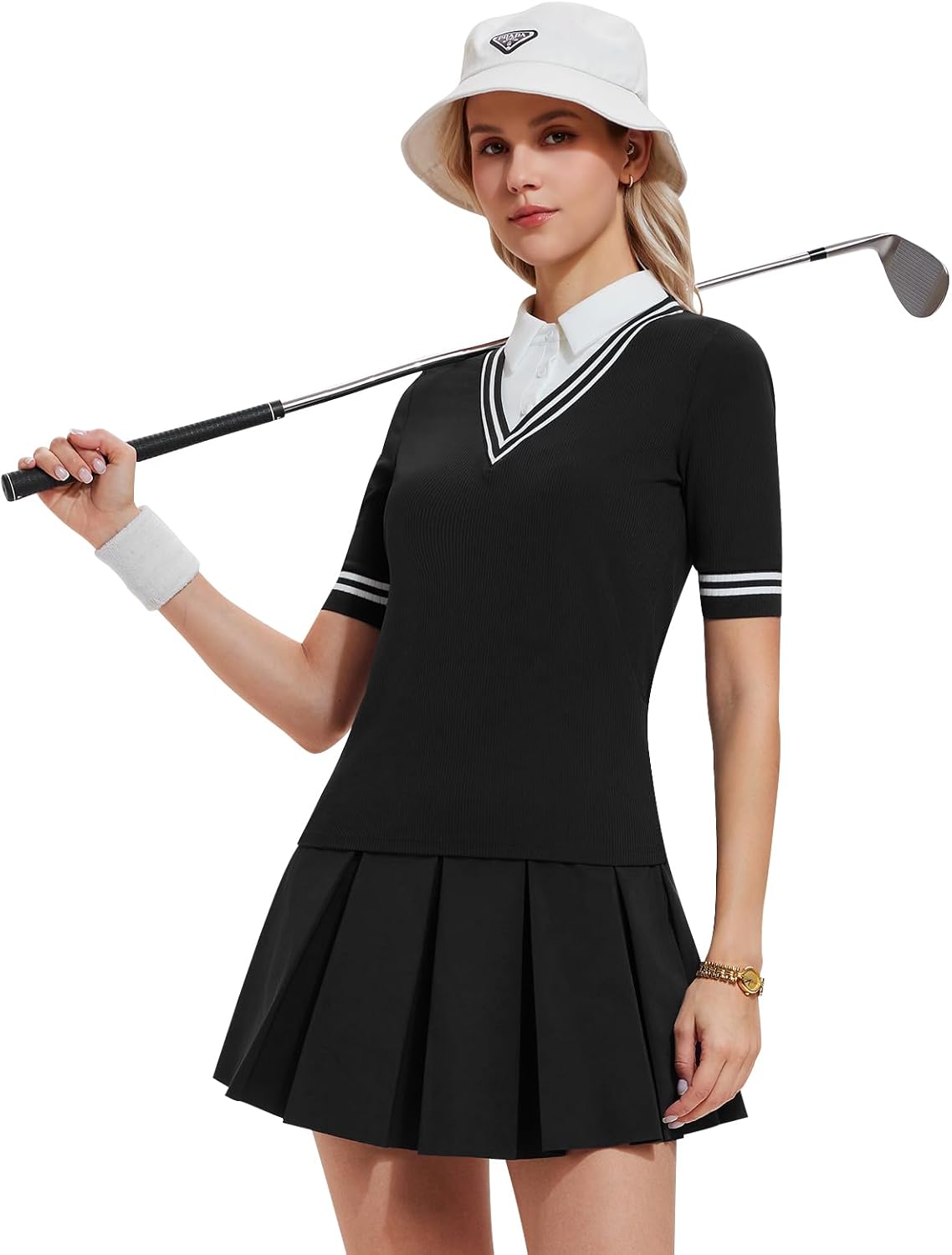 Women's 2 Piece Golf Outfit Set V-Neck Polo Shirt & High Waisted Pleated Tennis Skort with Pockets