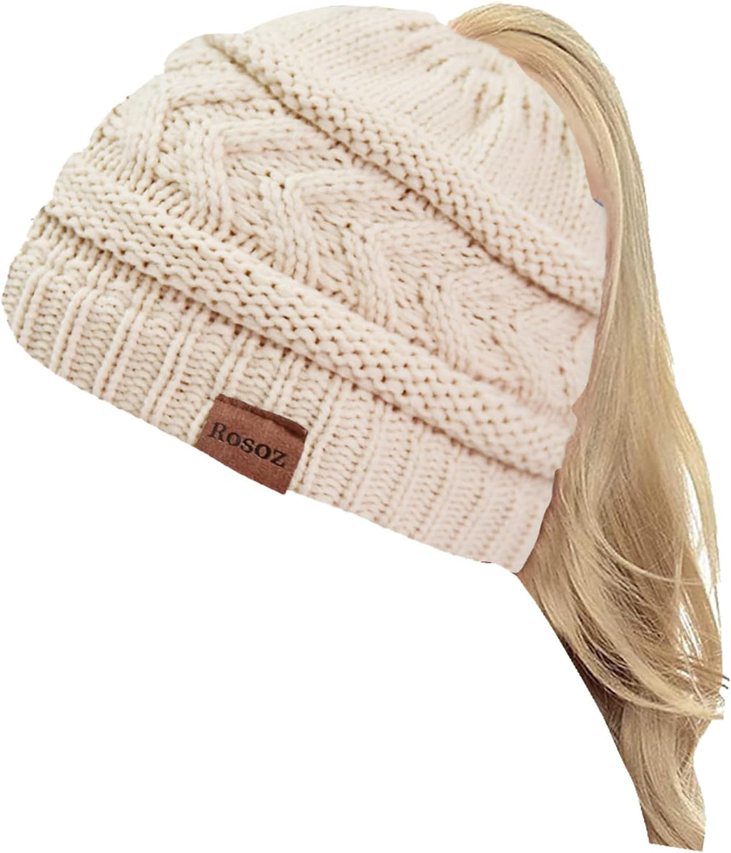 2 Pack Ponytail Beanie for Women, Winter Warm Soft Stretch Cable Knit Messy High Bun Hat