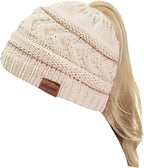 2 Pack Ponytail Beanie for Women, Winter Warm Soft Stretch Cable Knit Messy High Bun Hat