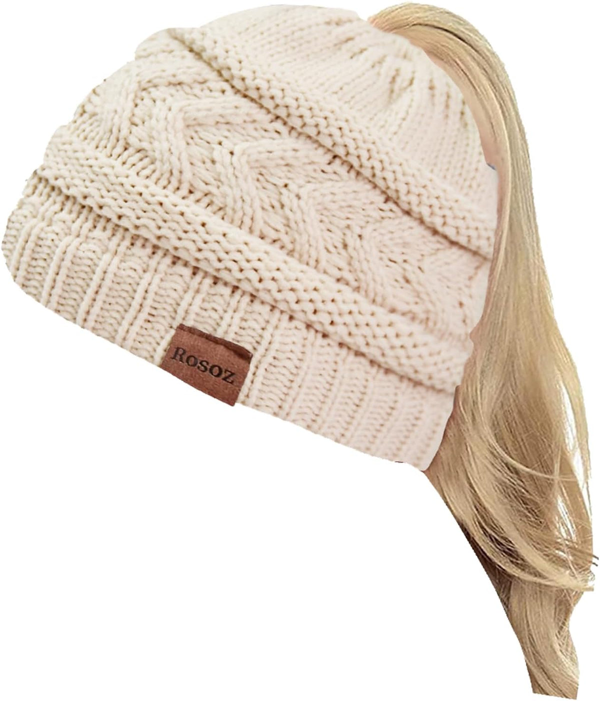 2 Pack Ponytail Beanie for Women, Winter Warm Soft Stretch Cable Knit Messy High Bun Hat