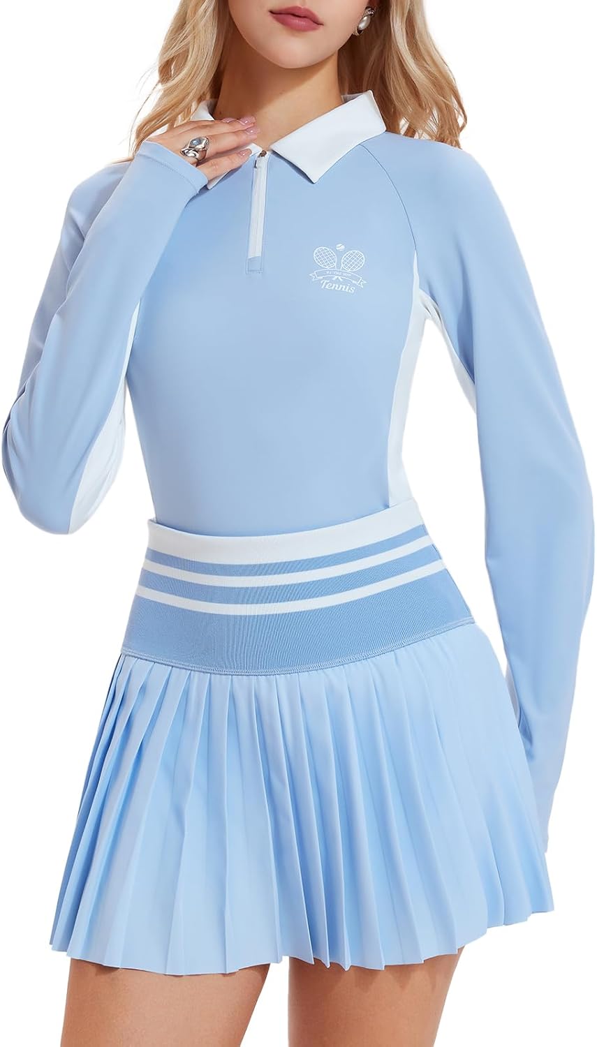Airfree Women's Golf and Tennis Shirts Half-Zip Color Block Longsleeve Polo Shirts Collared Tops with Tennis Skirt Set