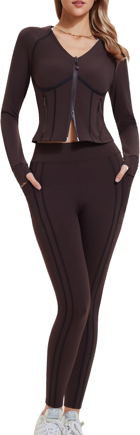 Mudere Women 2 Piece Workout Sets Long Sleeve Zip Up Jacket High Waisted Gym Leggings Yoga Outfit