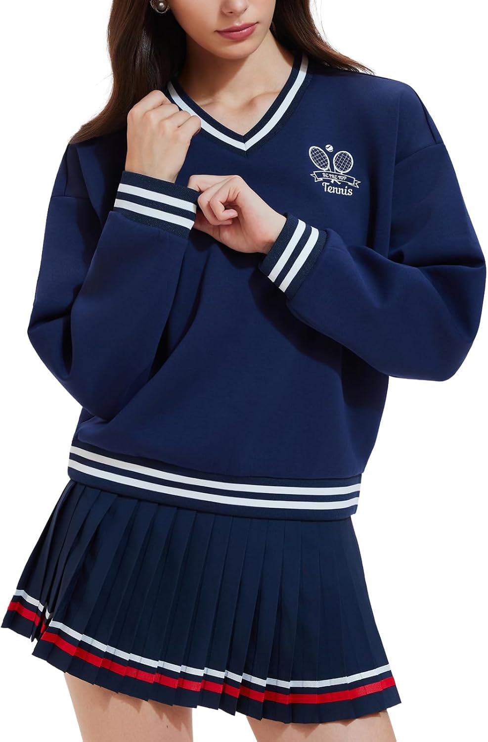 Women's Long Sleeve Tennis Skirt Set - 2 Piece Golf Outfit with V-Neck Sweater & Skort