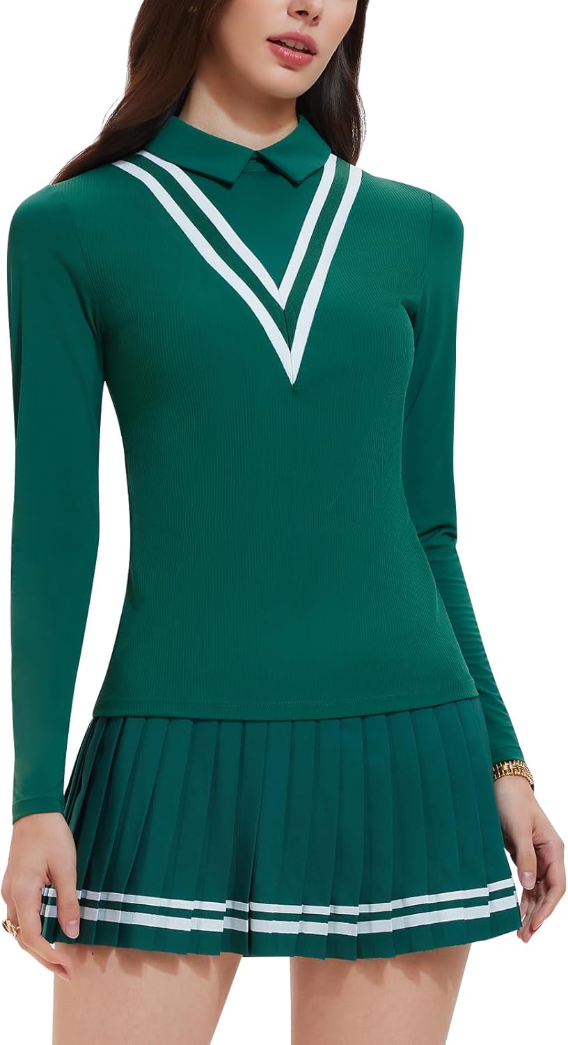 Women's 2 Piece Tennis Skirt Set - Long Sleeve Preppy Polo Top & Pleated Skorts Athletic Outfit
