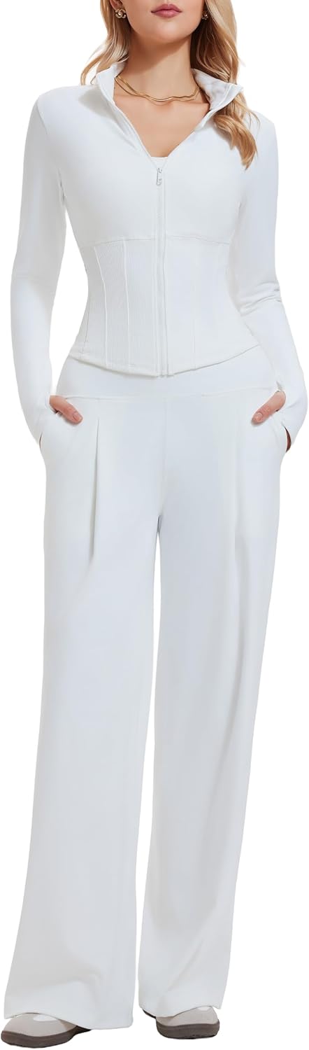 Mudere Women's 2 Piece Lounge Set Long Sleeve Full Zip Wide Leg Pants Casual Tracksuit Sweatsuit for Travel Fall Outfits