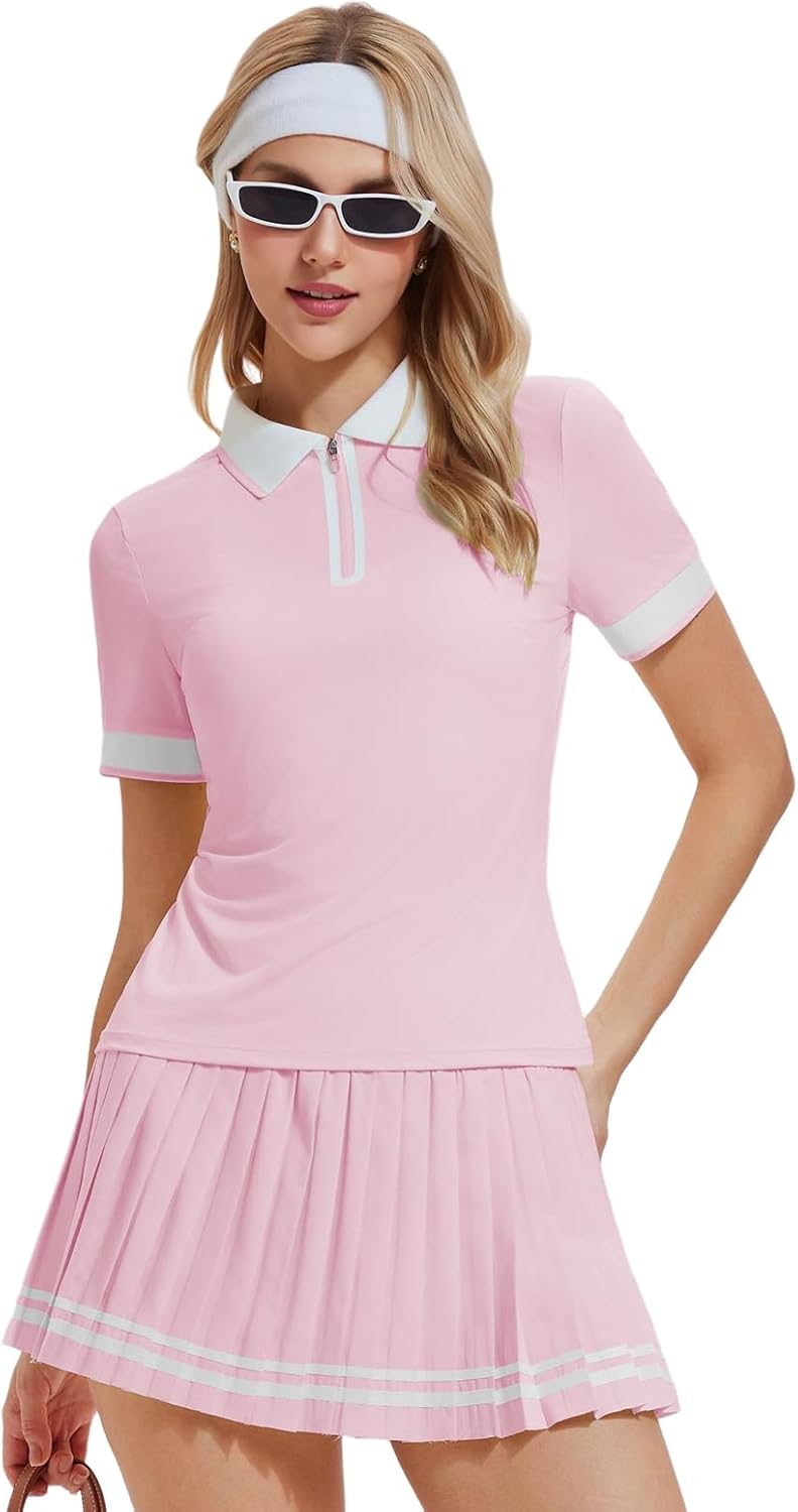 Women's 2-Piece Tennis Skirt Set, Polo V-Neck Top & High-Waisted Pleated Skirt Athletic Outfit