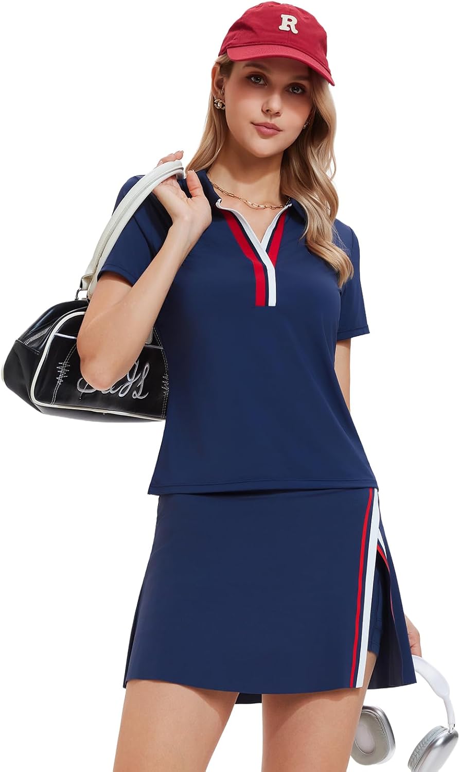 Women's 2 Piece Tennis Skirt Set - Colorblock V-Neck Polo & High Waisted Side Slit Skort