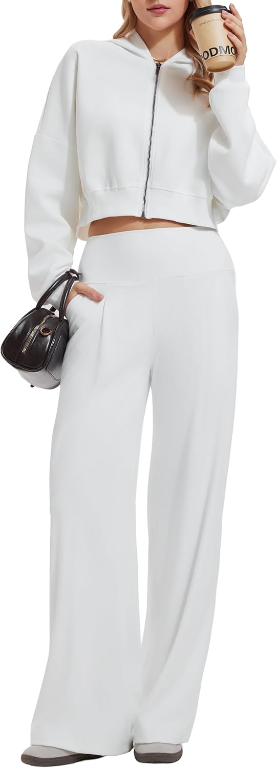 Mudere 2 Piece Sets for Women Fall Travel Outfits Long Sleeve Tracksuit High Waist Wide Leg Pants Zip Sweatsuit Matching Set