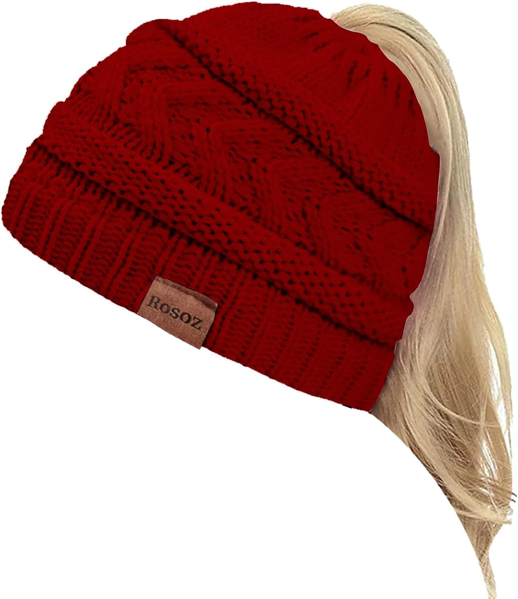 2 Pack Ponytail Beanie for Women, Winter Warm Soft Stretch Cable Knit Messy High Bun Hat