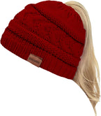 2 Pack Ponytail Beanie for Women, Winter Warm Soft Stretch Cable Knit Messy High Bun Hat