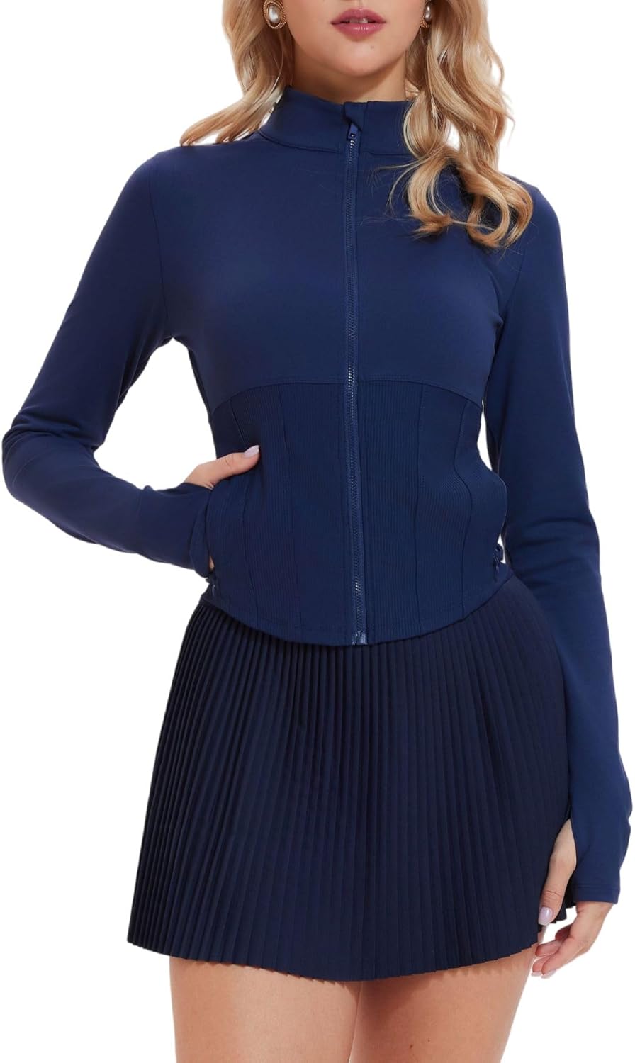 AFZ Two Piece Tennis Skirts Set for Women Long Sleeve Zip Up Workout Jacket with Pleated Mini Skirt Golf Pickleball Outfits