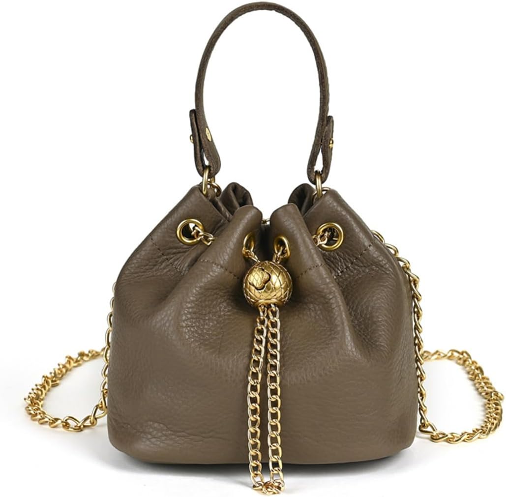 Genuine Leather Bucket Bag with Gold-Tone Chain Strap and Quilted Sphere Detail