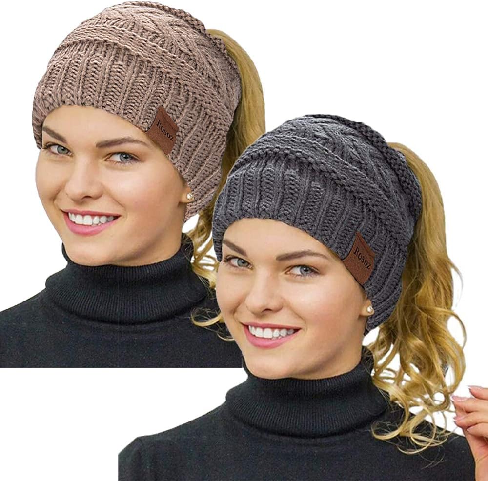 2 Pack Ponytail Beanie for Women, Winter Warm Soft Stretch Cable Knit Messy High Bun Hat