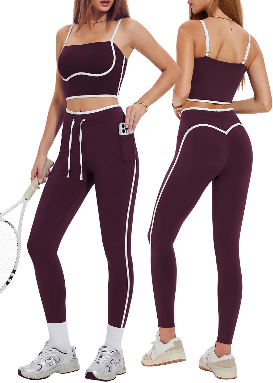 Women's 2 Piece Workout Set with Pockets Square Neck Leggings for Gym Yoga