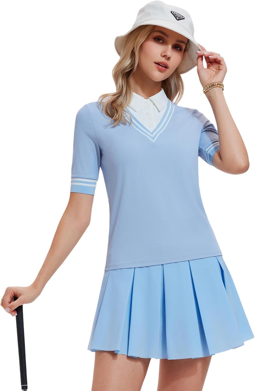 Women's 2 Piece Golf Outfit Set V-Neck Polo Shirt & High Waisted Pleated Tennis Skort with Pockets