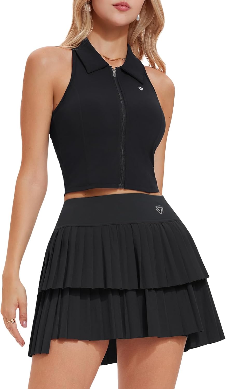 Tennis Skirt Set for Women Two Piece Golf Pickleball Outfits Double Ruffle Pleated Athletic Skirts Sets with Pockets